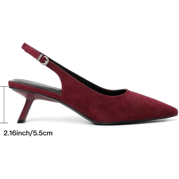 Mostrin Kitten Heels Burgundy Suede Low Slingback Heels with Buckle Dress Shoes - Picture 2 of 9